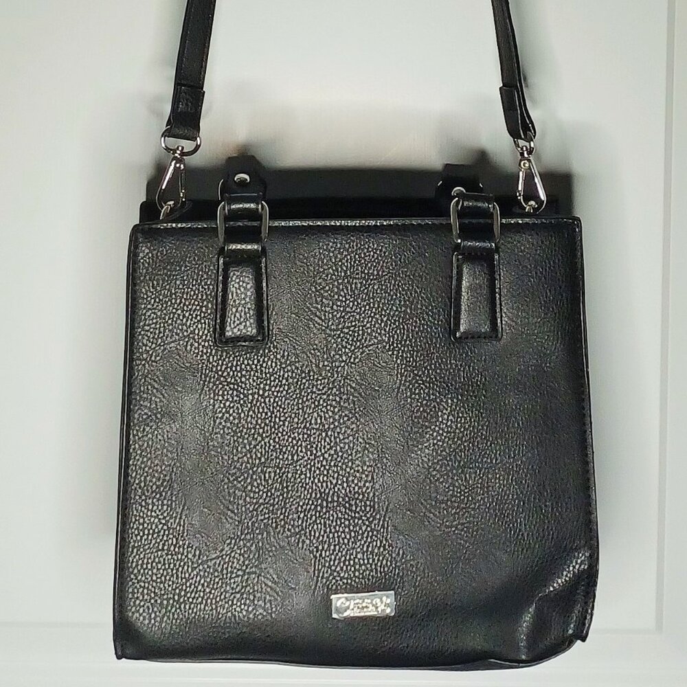 NEW Carlos Leather black Handbag with handles or strap, outside pocket, inside